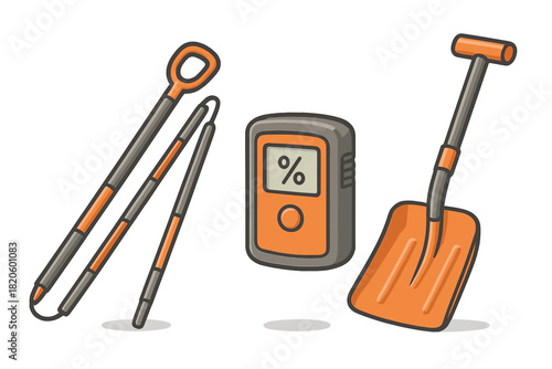 Essential backcountry winter safety equipment: avalanche probe, transceiver, and shovel