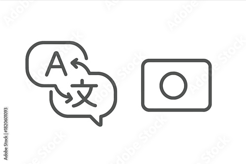 Speech bubble translation and camera photography symbols for digital interfaces