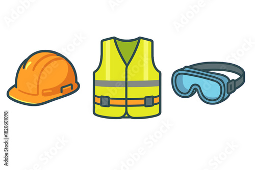 Set of essential personal protective equipment including hard hat, safety vest, and goggles