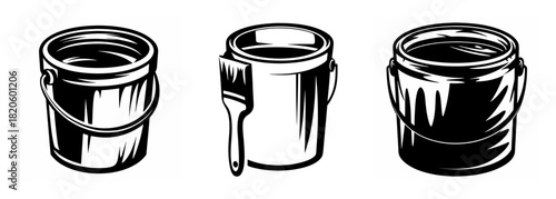 Three distinct paint buckets with drips and a brush design elements for creative projects