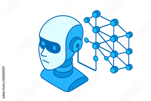 Isometric futuristic robot head linked to abstract neural network and machine learning concepts