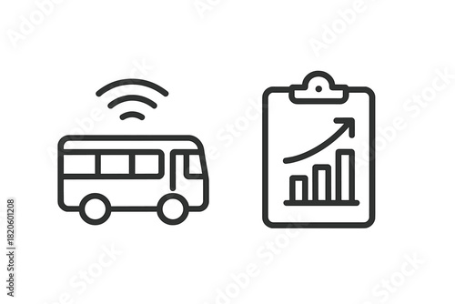 Connected public transport bus vehicle and data analysis report clipboard line icons