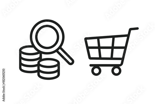 E-commerce cost analysis and retail search concept featuring shopping cart, money, and magnifying glass icons