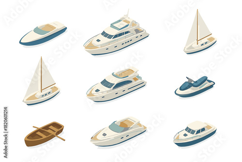 Isometric set of water vehicles: luxury yacht, sailboat, speedboat, and jet ski
