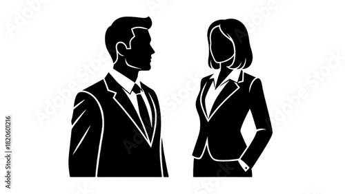 Modern vector silhouettes of business man and woman, symbolizing corporate collaboration and professional partnership