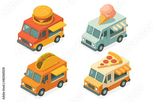 Isometric street vendor vehicles selling burgers, ice cream, tacos, and pizza
