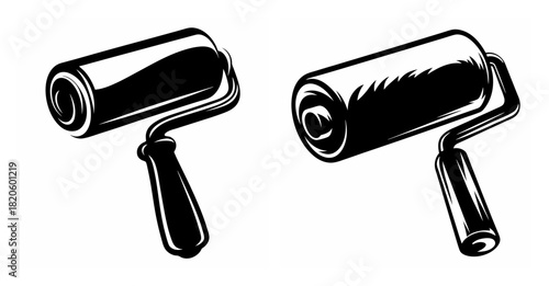 Two simple black and white paint rollers with handles for painting and decorating tasks