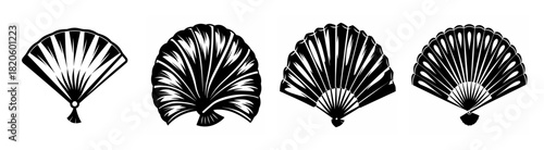 Four ornate black and white handheld fans depicting intricate folding patterns and delicate details
