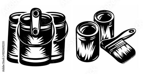 Collection of paint cans and brushes supplies for home renovation and artistic projects visuals