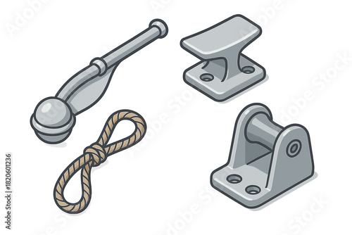 Isometric nautical and sailing equipment set featuring boat cleat, roller, hook, and rope