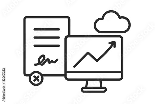 Rejected digital contract document and signature next to a monitor displaying a rising business graph and cloud icon