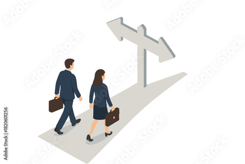 Two business people walking towards a signpost showing left and right directions