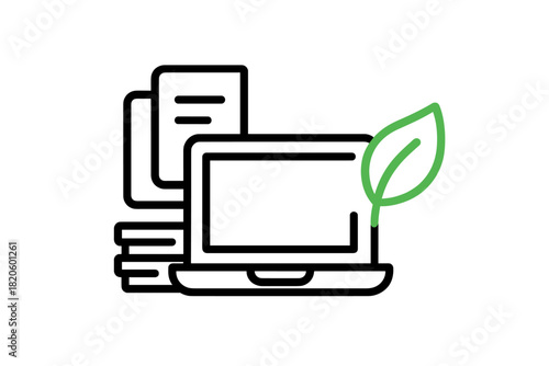 Sustainable digital work environment featuring a laptop, documents, and green leaf icon