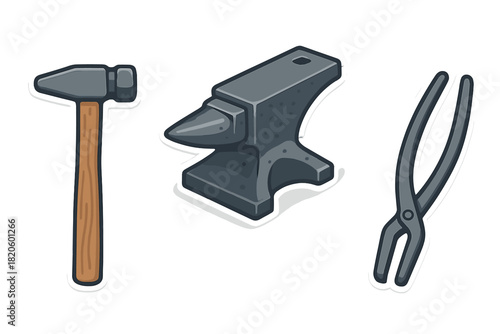 Essential metalworking equipment featuring a classic anvil, hammer, and forging tongs