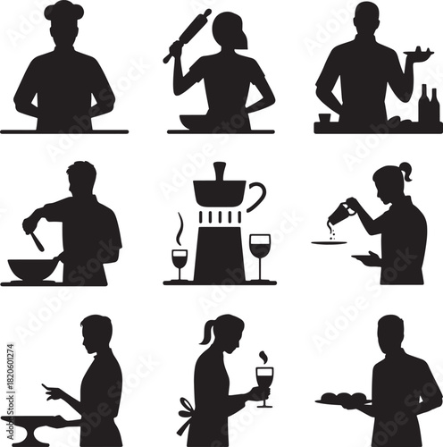 Chef silhouette engaged in various culinary activities in preparation of food