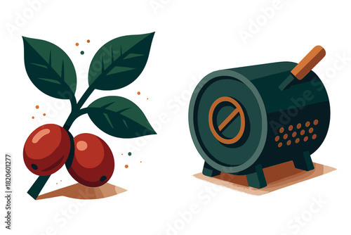 Ripe coffee cherries on a branch and professional drum roasting machine graphic elements