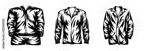 Three detailed line art renderings of men's pajama outfits showcasing different styles and collars