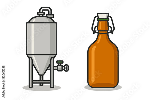 Stainless steel conical fermentation tank and amber glass growler bottle for craft beer