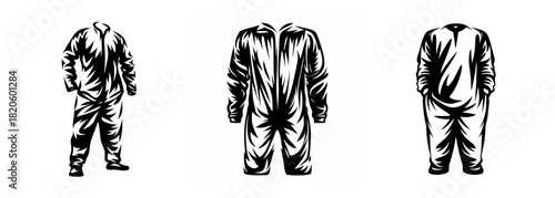 Three sketches of work jumpsuits on a plain background showcasing different stances and detail in clothing design