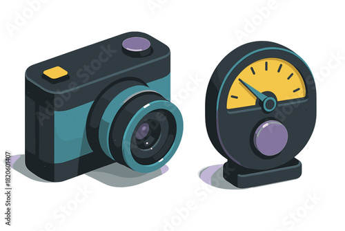 Isometric digital camera and performance gauge icons set on white background
