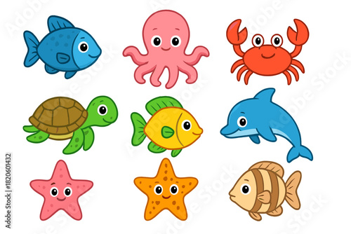 Cute cartoon sea animals: fish, octopus, crab, turtle, dolphin, and starfish