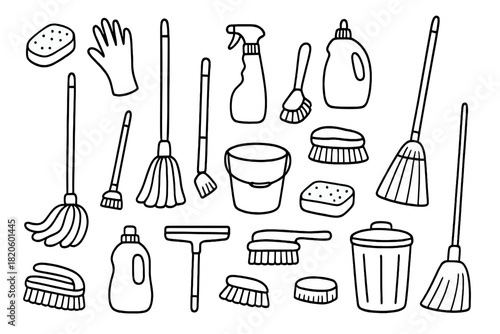 Household cleaning tools and supplies for domestic hygiene and sanitation