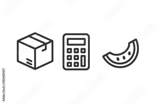 Outline symbols of shipping box, electronic calculator, and watermelon slice for web design