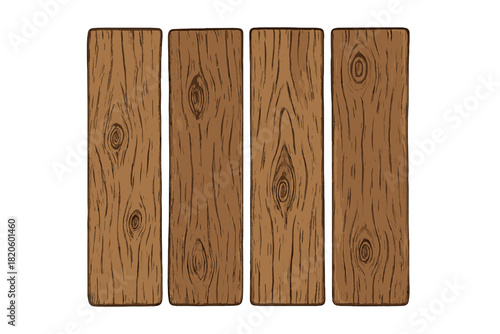 Four vertical brown wooden planks with detailed natural grain texture and knots isolated on white background