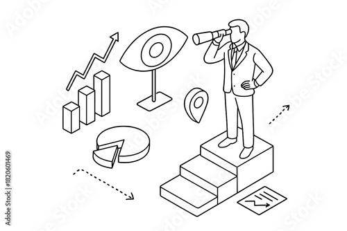 Businessman looking through a spyglass on a podium surrounded by business analysis icons