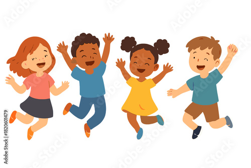 Diverse group of happy young children jumping high in the air with arms raised