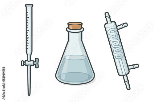 Essential chemistry laboratory glassware set with flask, burette, and condenser equipment