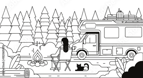 Rv camping in the forest with campfire and black cat illustration