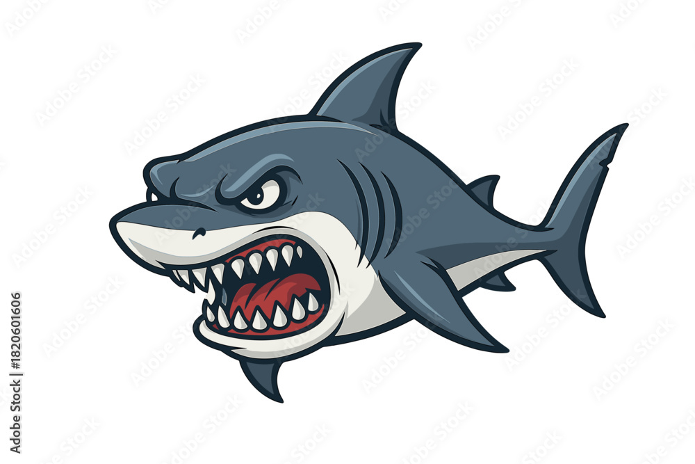 Fototapeta premium Menacing cartoon shark mascot with wide open jaws and sharp predatory teeth