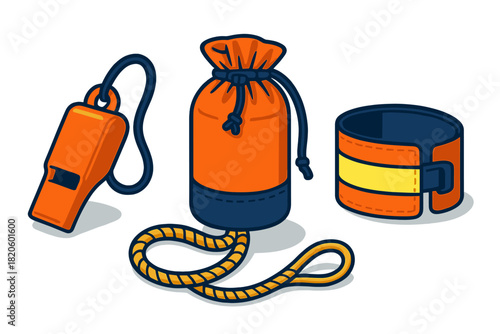 Safety equipment set including a rescue whistle, throw bag, and reflective armband