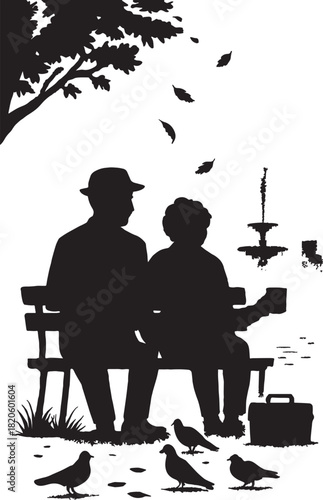 Silhouettes of an elderly couple sitting on a park bench, holding hands, with pigeons nearby, autumn leaves falling, and a fountain in the distance, on a white background