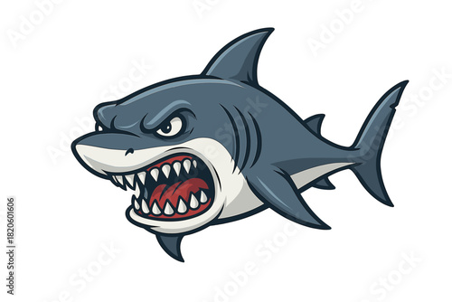 Menacing cartoon shark mascot with wide open jaws and sharp predatory teeth