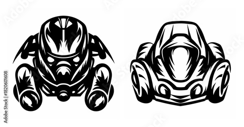Two stylized futuristic racing machines with mechanical designs in monochrome detail