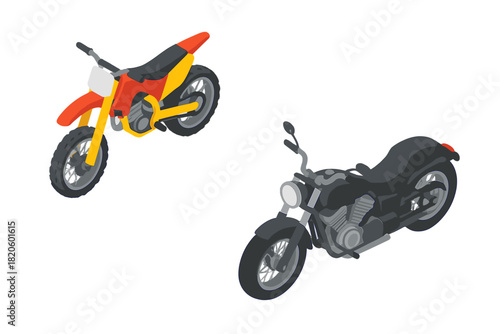 Contrasting pair of motorcycles featuring a colorful off-road dirt bike and a dark street cruiser