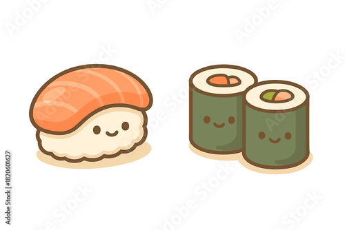 Adorable cartoon sushi characters with happy faces including nigiri and maki rolls