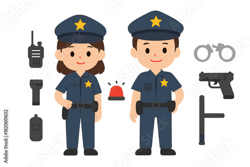 Male and female police officers standing with essential law enforcement equipment set