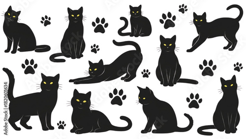 Black Cat Collection Playful Poses and Paw Prints for Creative Design