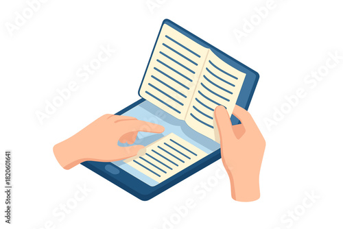 Human hands interacting with a flexible screen device reading an electronic book