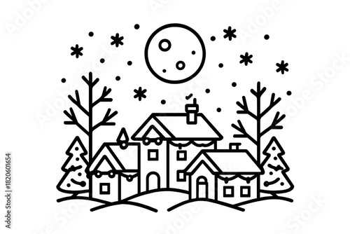 Charming winter village landscape with houses covered in snow under a starry night sky and full moon