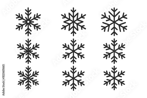 Set of nine simple black snowflake icons for winter and Christmas graphic design elements