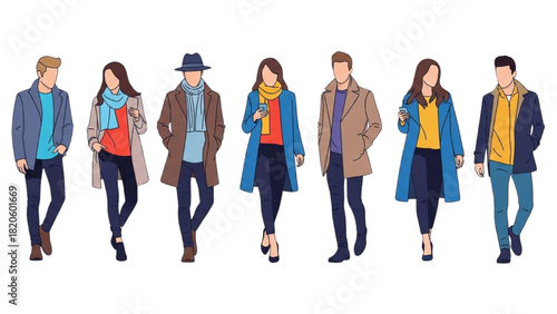 Fashionable People in Winter Coats Stylish Illustration of Diverse Figures