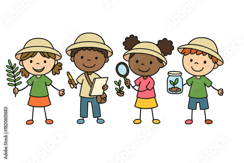 Diverse group of happy children exploring nature and science concepts outdoors