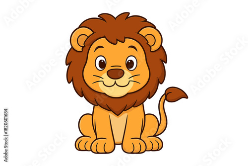 Cute cartoon baby lion character with a fluffy mane sitting and smiling happily