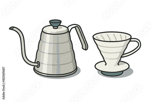 Stainless steel gooseneck kettle and ceramic pour-over coffee dripper for manual brewing process