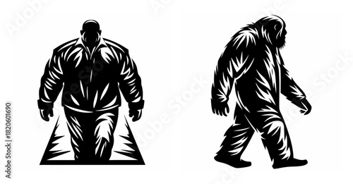 Bold bigfoot silhouette facing forward and walking left silhouette in black and white