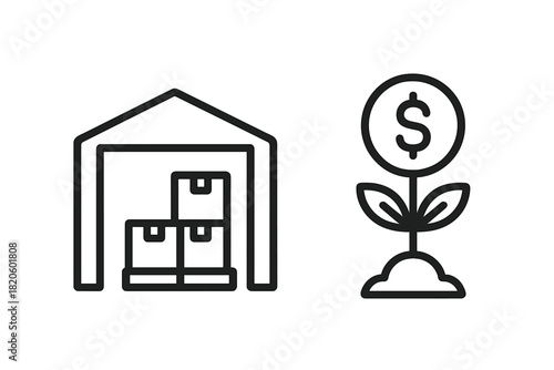 Warehouse storage and financial investment growth symbols for business logistics success